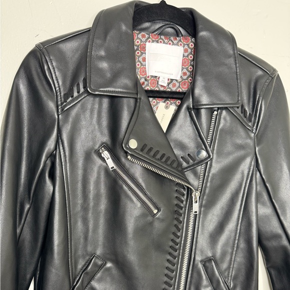 Anthropologie women's XS black moto faux leather midi whipstitch jacket biker - Picture 4 of 11